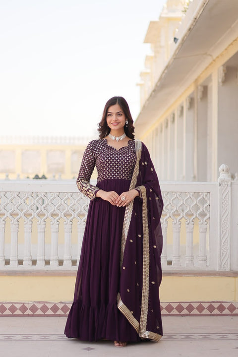 Dark Purple Faux Blooming gown with Sequins-Multi Embroidered Work, It looks graceful for women