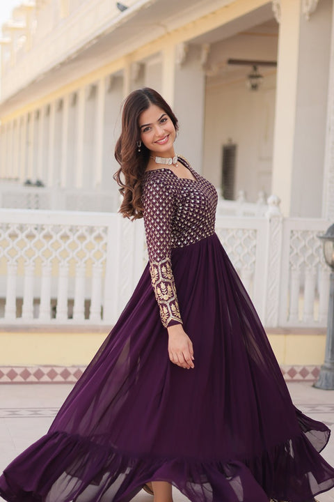 Dark Purple Faux Blooming gown with Sequins-Multi Embroidered Work, It looks graceful for women