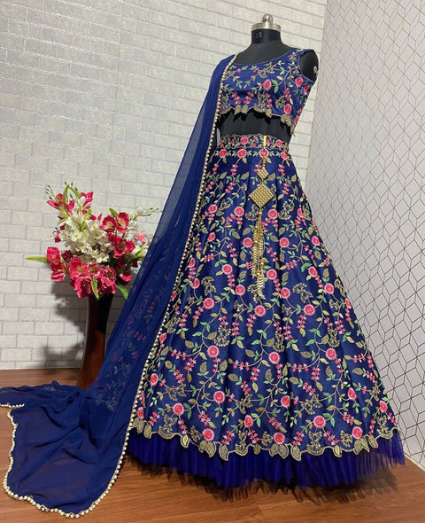 Impressive Navy Blue lehengacholiforwomen readytowear in USA , FreeShipping Indian MalaySatinSilk with Multi Niddle ,Embroidery Work lehenga - ReadyToWearshop