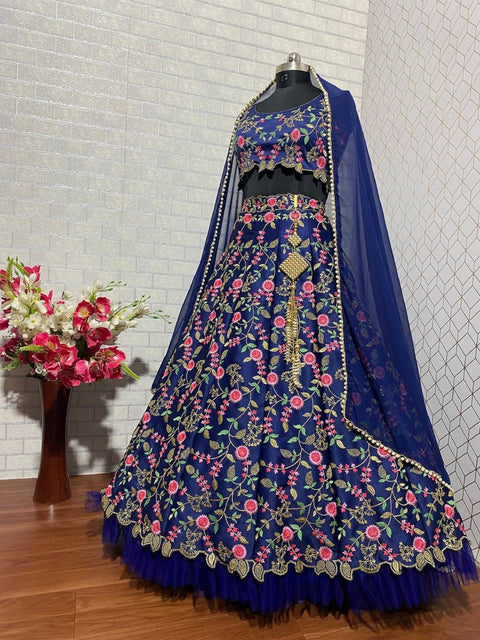 Impressive Navy Blue lehengacholiforwomen readytowear in USA , FreeShipping Indian MalaySatinSilk with Multi Niddle ,Embroidery Work lehenga - ReadyToWearshop