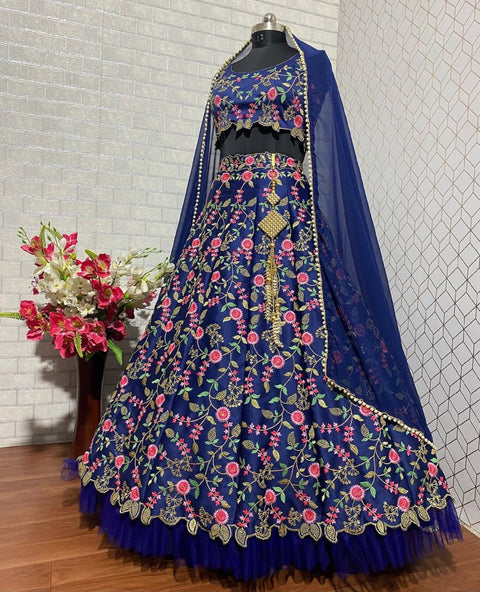 Impressive Navy Blue lehengacholiforwomen readytowear in USA , FreeShipping Indian MalaySatinSilk with Multi Niddle ,Embroidery Work lehenga - ReadyToWearshop