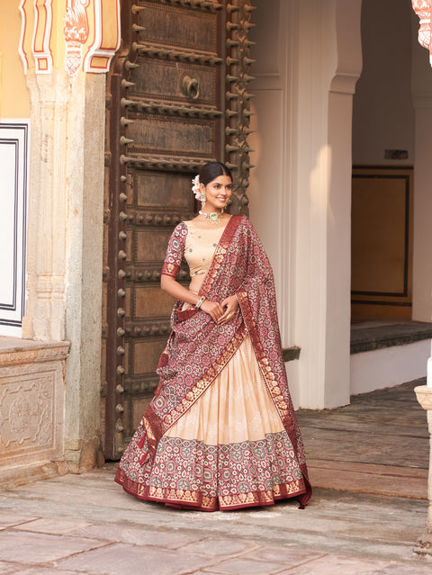 Beige In the embrace of Tusser silk, adorned with Ajarakh prints, the lehenga choli