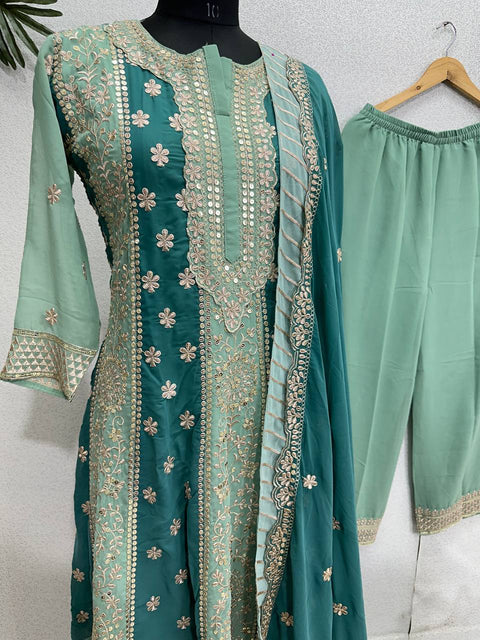 Teal Blue Embroidery Sequences Work Top With Sharara Dupatta For Woman In USA