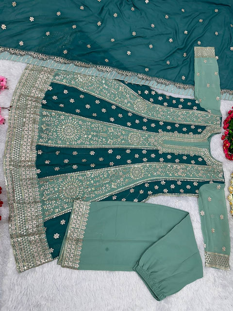 Teal Blue Embroidery Sequences Work Top With Sharara Dupatta For Woman In USA