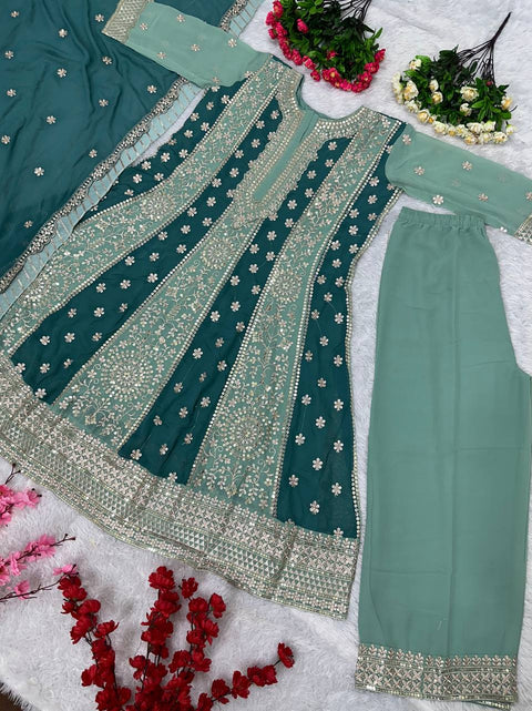 Teal Blue Embroidery Sequences Work Top With Sharara Dupatta For Woman In USA