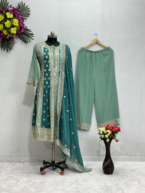 Teal Blue Embroidery Sequences Work Top With Sharara Dupatta For Woman In USA