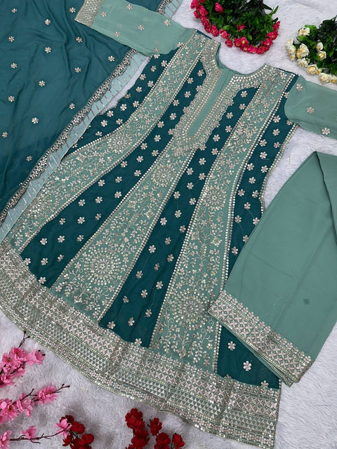 Teal Blue Embroidery Sequences Work Top With Sharara Dupatta For Woman In USA