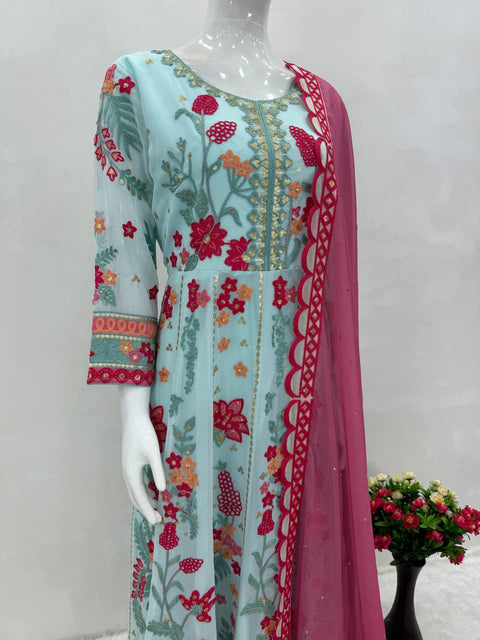 Sky Blue New Designer Party Wear Fancy Pakishtani Work Suit For Women In Wedding