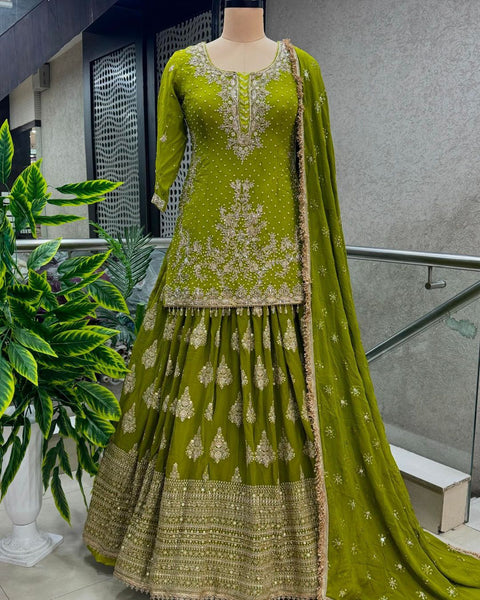 Green Chinnon Silk With Heavy Embroidery Sequence Work Top-Plazo And Dupatta Set With Fully Stitched Ready To Wear Collection For Women