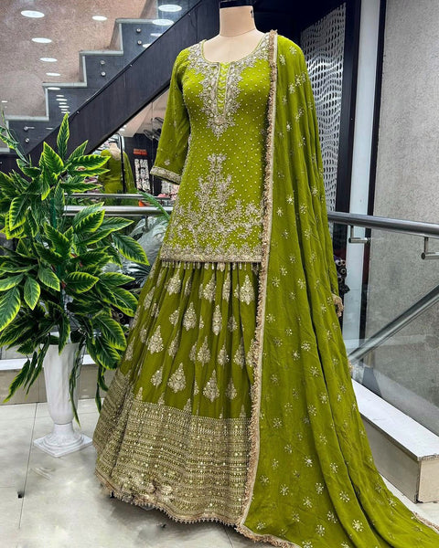 Green Chinnon Silk With Heavy Embroidery Sequence Work Top-Plazo And Dupatta Set With Fully Stitched Ready To Wear Collection For Women