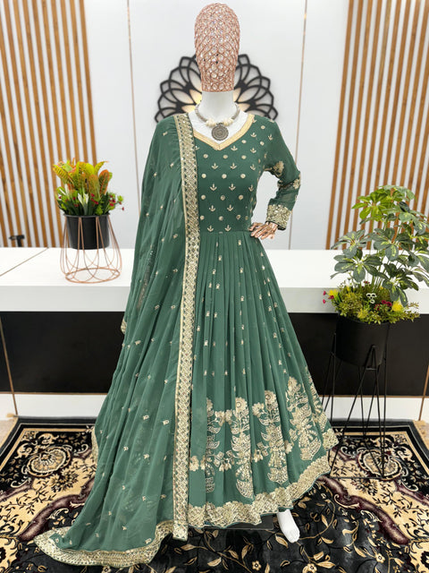 Green Gorgeous Designer Party Wear Look Fancy Top-Dupatta and Fully Stitched Gharara For Women