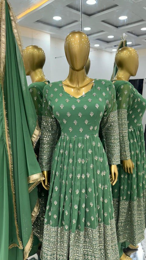 Green Alluring New Designer Party Wear Look Full Heavy Embroidery Sequence Work Gown With Fully Stiched Bottom and Dupatta For Women