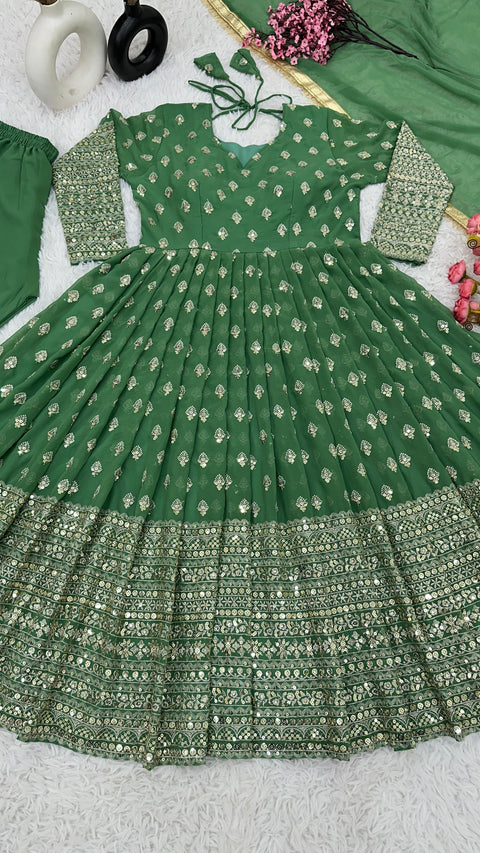 Green Alluring New Designer Party Wear Look Full Heavy Embroidery Sequence Work Gown With Fully Stiched Bottom and Dupatta For Women