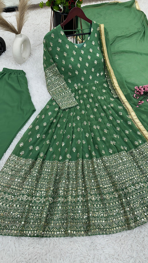 Green Alluring New Designer Party Wear Look Full Heavy Embroidery Sequence Work Gown With Fully Stiched Bottom and Dupatta For Women