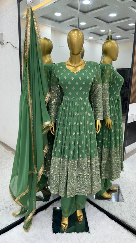 Green Alluring New Designer Party Wear Look Full Heavy Embroidery Sequence Work Gown With Fully Stiched Bottom and Dupatta For Women