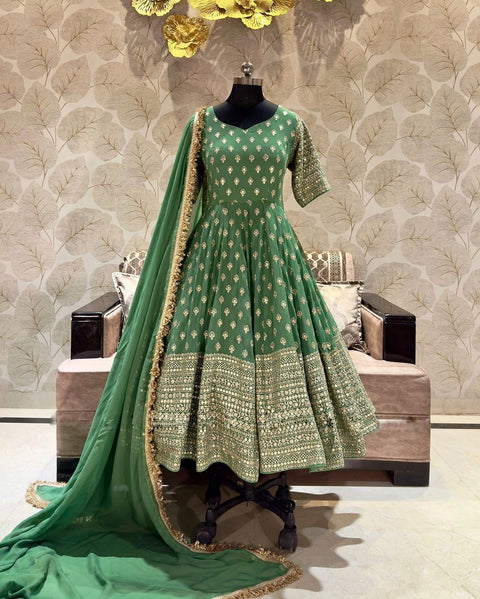 Green Alluring New Designer Party Wear Look Full Heavy Embroidery Sequence Work Gown With Fully Stiched Bottom and Dupatta For Women