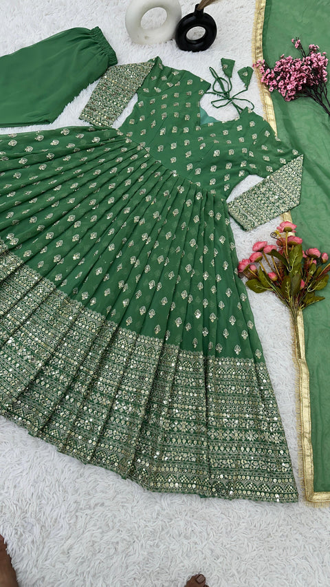 Green Alluring New Designer Party Wear Look Full Heavy Embroidery Sequence Work Gown With Fully Stiched Bottom and Dupatta For Women