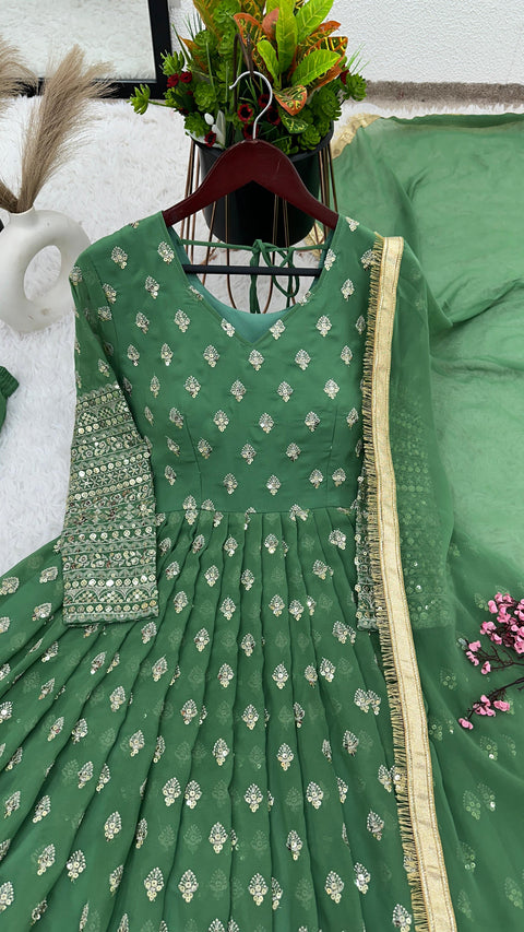 Green Alluring New Designer Party Wear Look Full Heavy Embroidery Sequence Work Gown With Fully Stiched Bottom and Dupatta For Women