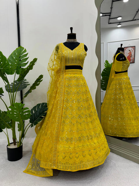 Wedding Wear Heavy Yellow Sequence Lehenga Choli For Women In Usa