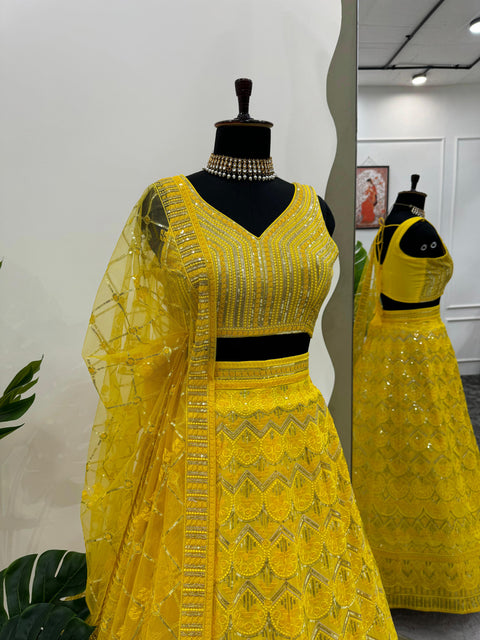 Wedding Wear Heavy Yellow Sequence Lehenga Choli For Women In Usa