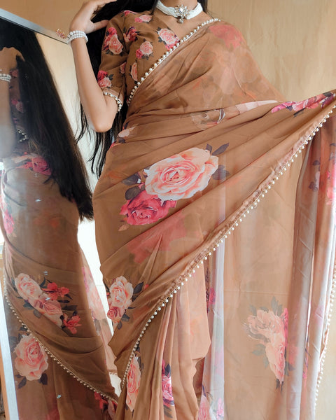 Beige saree best way to represent your classy look with this spectacular georgette printed saree with Pearl lace border