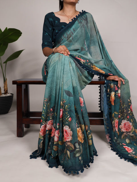 Bloom in Style: Stunning Floral Print Georgette Saree with Pum-Pum Trim For Women