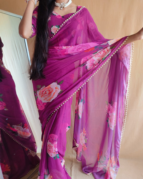 Purple saree best way to represent your classy look with this spectacular georgette printed saree with Pearl lace border