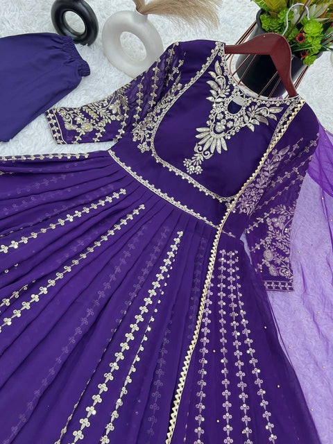 Purple Designer Party Wear Look Full Heavy Embroidery Sequence Work Gown With Fully Stiched and Dupatta For Women