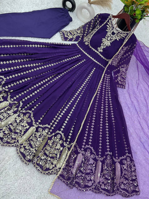 Purple Designer Party Wear Look Full Heavy Embroidery Sequence Work Gown With Fully Stiched and Dupatta For Women