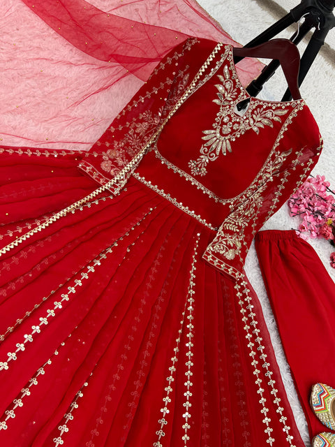 Red Heavy Embroidery Sequence Work Gown With Fully Stiched and Dupatta For Women