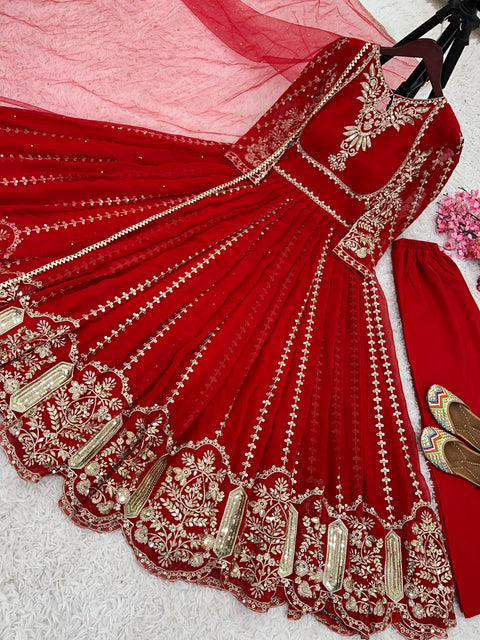 Red Heavy Embroidery Sequence Work Gown With Fully Stiched and Dupatta For Women