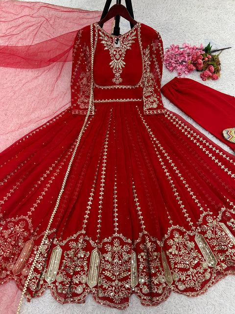 Red Heavy Embroidery Sequence Work Gown With Fully Stiched and Dupatta For Women