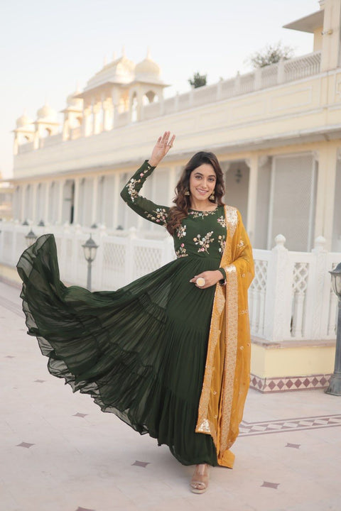 Green Georgette Gown with Russian silk Dupatta With Adorable Embroidered thread work