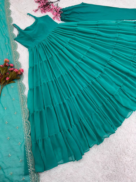 Teal Blue Faux Georgette Gown Ruffle Flair and Full Stitched With Dupatta For Woman