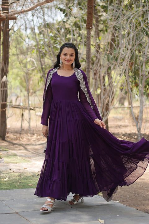 Dark Purple Desirable Women's Fully Flaired Gown Made With Faux Georgette Fabrics and Designer Embroidered Dupatta Dress For Woman