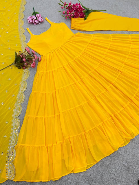 Yellow Faux Georgette Gown Ruffle Flair and Full Stitched With Dupatta For Woman