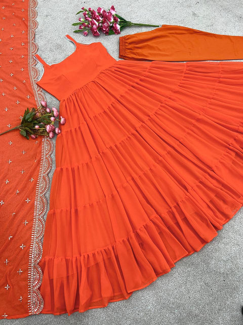 Orange Anarkali Faux Georgette Gown Ruffle Flair and Full Stitched With Dupatta For Woman