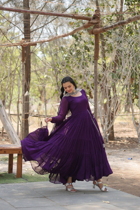 Dark Purple Desirable Women's Fully Flaired Gown Made With Faux Georgette Fabrics and Designer Embroidered Dupatta Dress For Woman