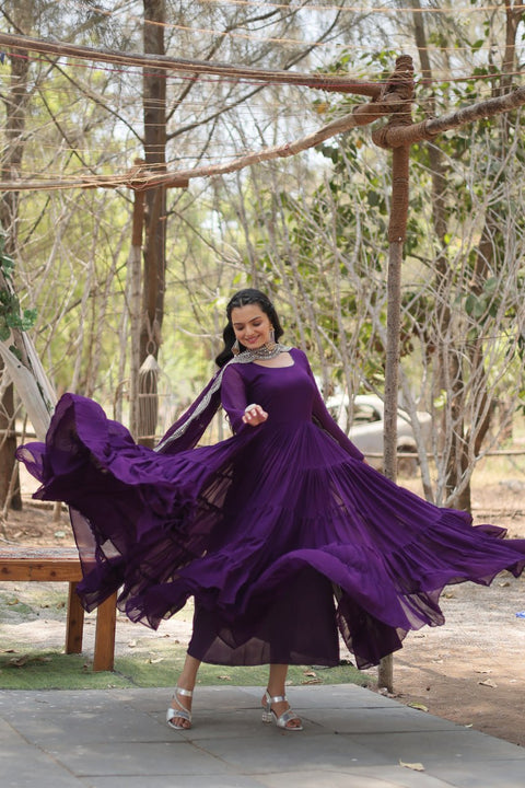 Dark Purple Desirable Women's Fully Flaired Gown Made With Faux Georgette Fabrics and Designer Embroidered Dupatta Dress For Woman