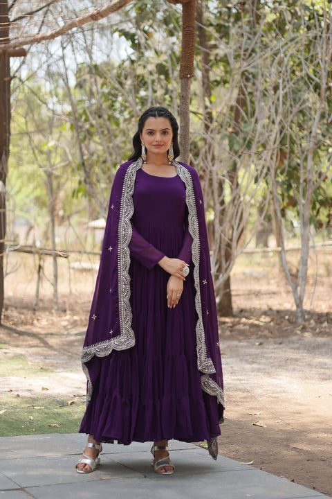 Dark Purple Desirable Women's Fully Flaired Gown Made With Faux Georgette Fabrics and Designer Embroidered Dupatta Dress For Woman