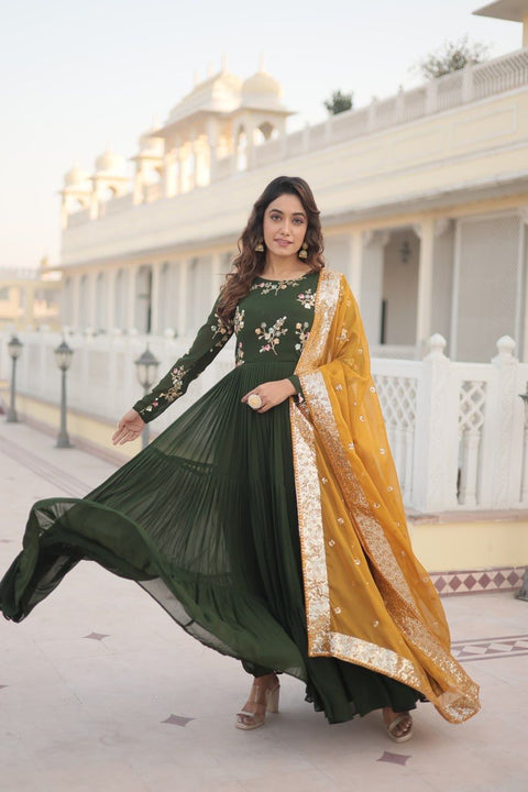 Green Georgette Gown with Russian silk Dupatta With Adorable Embroidered thread work