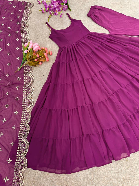 Purple Faux Georgette Gown Ruffle Flair and Full Stitched With Dupatta For Woman