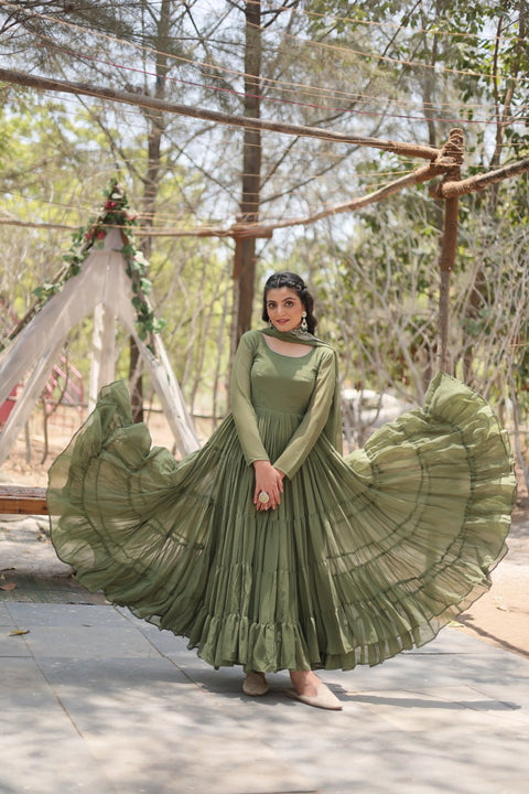 Green Desirable Women's Fully Flaired Gown Made With Faux Georgette Fabrics and Designer Embroidered Dupatta Dress For Woman