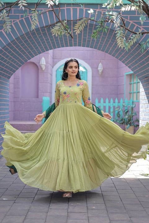 Green Faux Georgette Gown with Russian silk Dupatta With Adorable Embroidered thread workV for woman