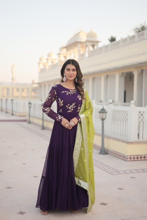 Purple Georgette Gown with Russian silk Dupatta With Adorable Embroidered thread work