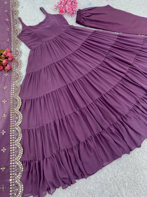 Presenting New Anarkali Faux Georgette Gown With With Fully 10 Meter Ruffle Flair For Women