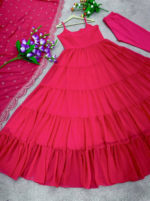 Pink Anarkali Faux Georgette Gown Ruffle Flair and Full Stitched With Dupatta For Woman