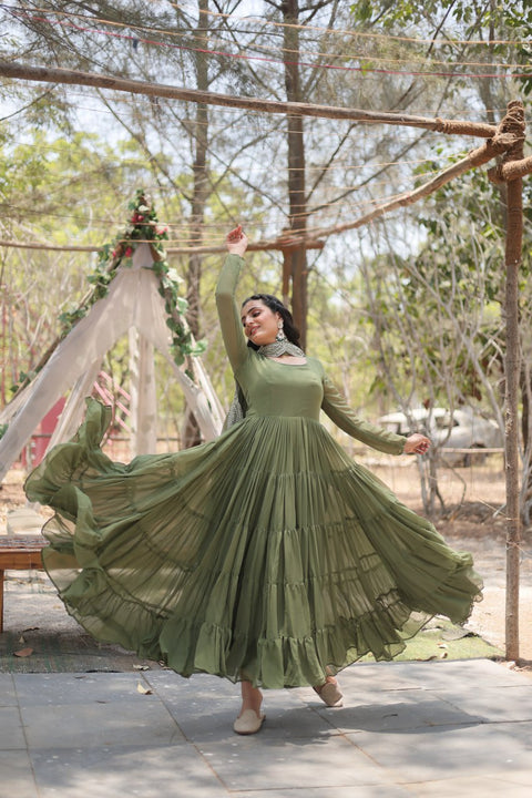 Green Desirable Women's Fully Flaired Gown Made With Faux Georgette Fabrics and Designer Embroidered Dupatta Dress For Woman