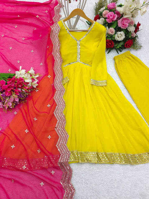 Yellow Heavy Fox Georgette Anarkali  Gown -Pent  Dupatta Set For Women