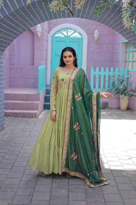 Green Faux Georgette Gown with Russian silk Dupatta With Adorable Embroidered thread workV for woman